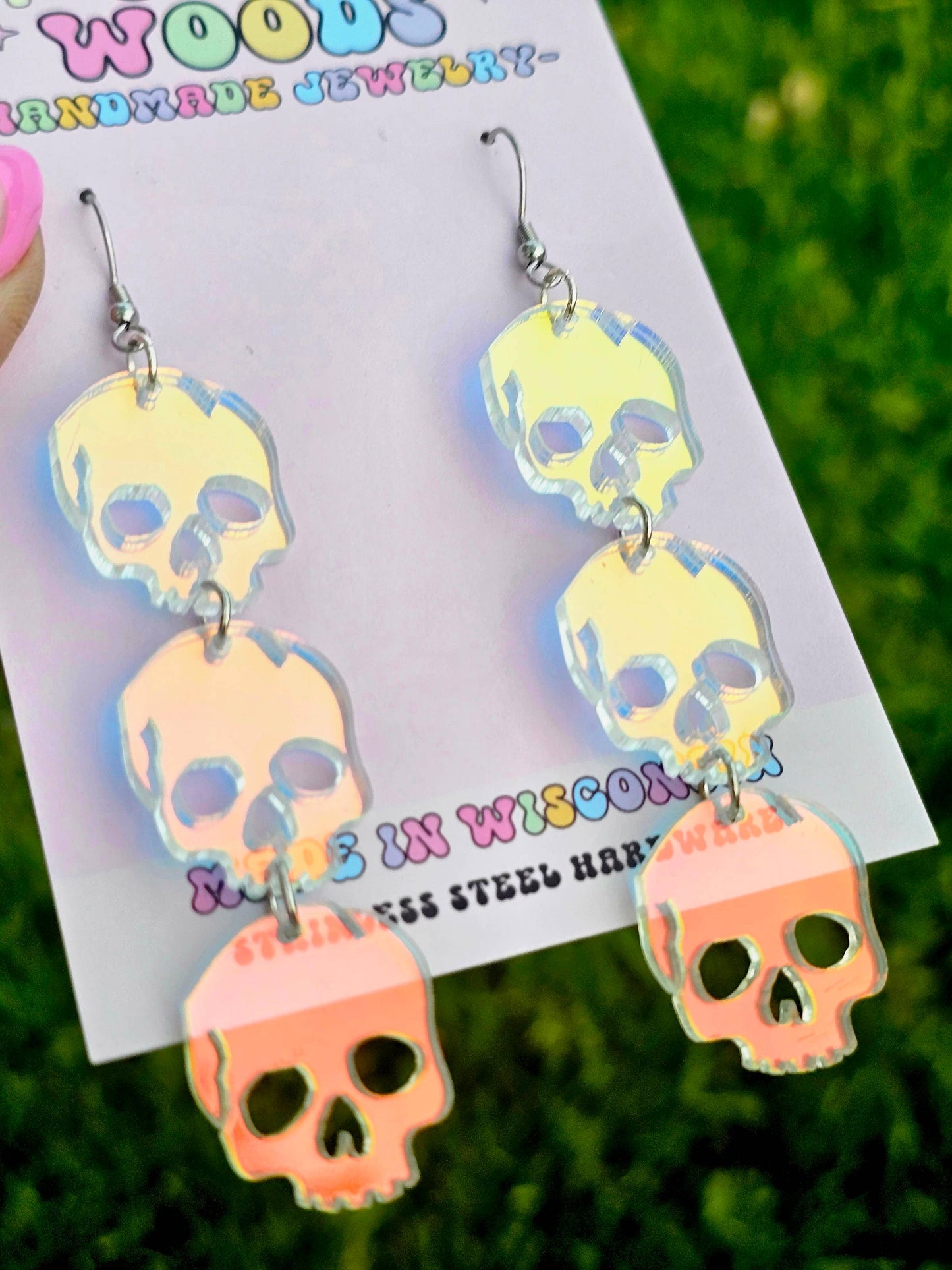 Triple Iridescent Skull Statement Earrings