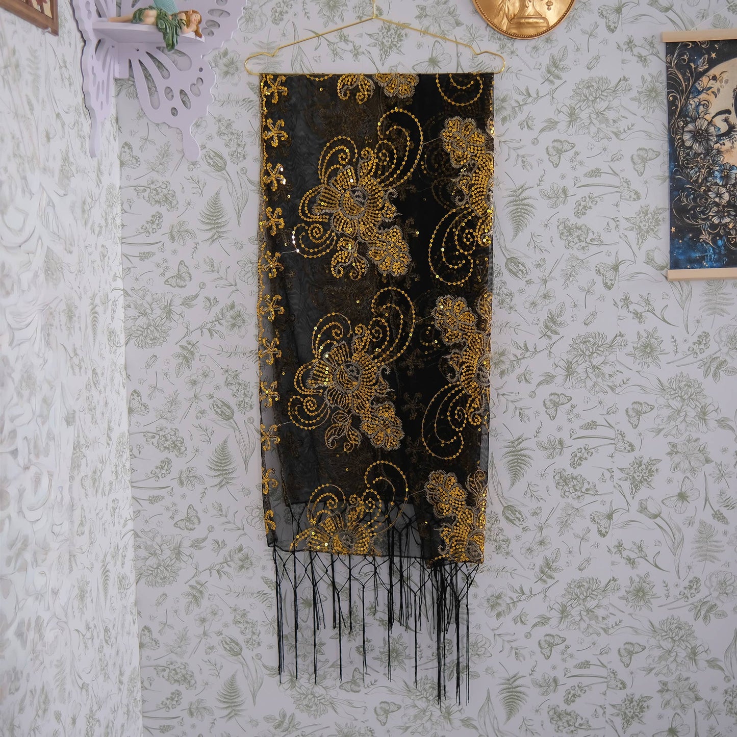 Sequin Embroidered Lace Fringe Shawl