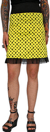 Sourpuss Yellow Ruffle, Punk Black Polka Dot Skull Skirt