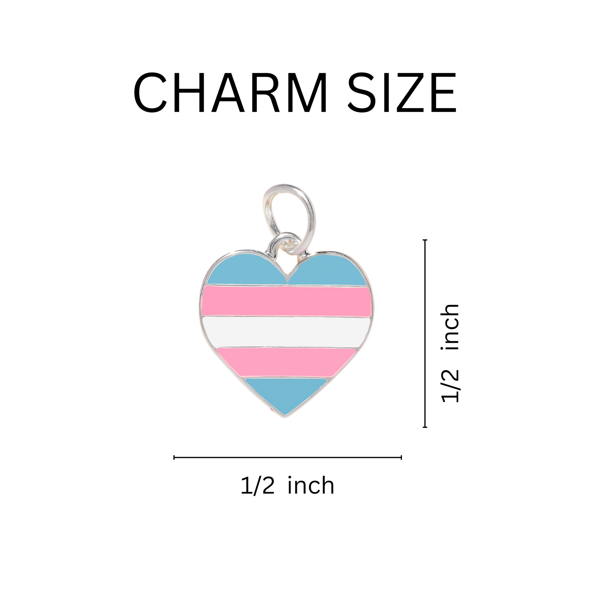 Heart-shaped charm with blue and pink stripes on a white background, labeled 'CHARM SIZE'.