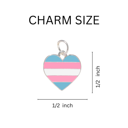 Heart-shaped charm with blue and pink stripes on a white background, labeled 'CHARM SIZE'.