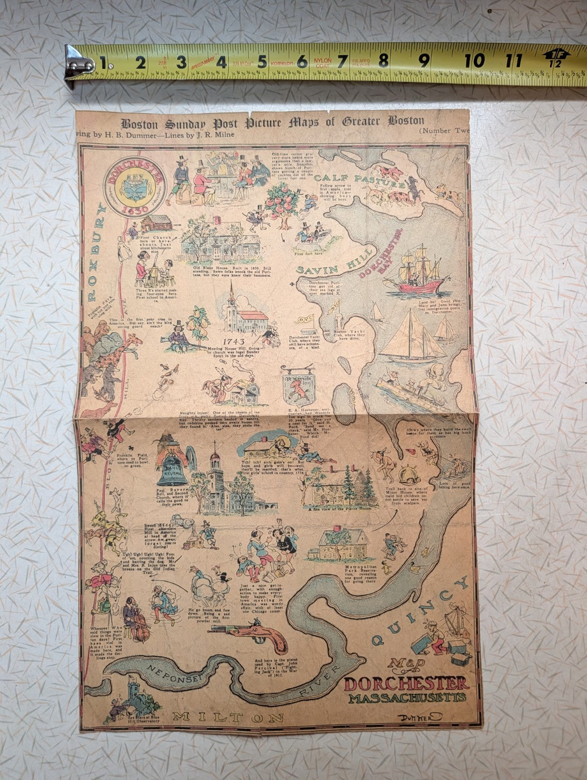 Picture Map Of Greater Boston Sunday Post Dorchester 30s Illustration News Comic