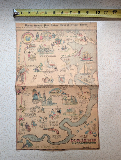 Picture Map Of Greater Boston Sunday Post Dorchester 30s Illustration News Comic