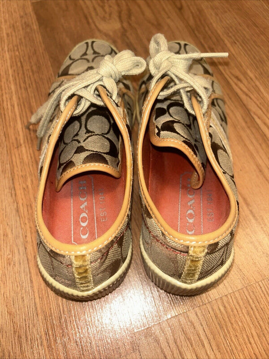 Coach Womens Sneakers Size 7.5 Khaki Canvas Tan Gold Stripes Casual Folly