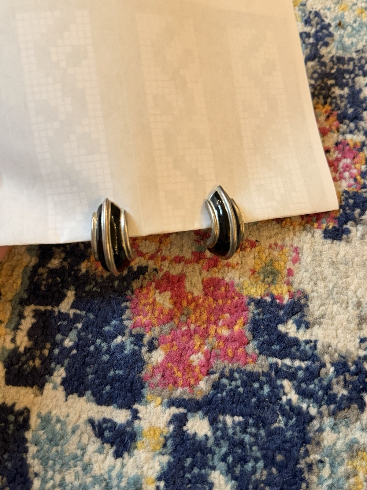 Vintage St. John Silver Toned Black Enamel Clip On Earrings