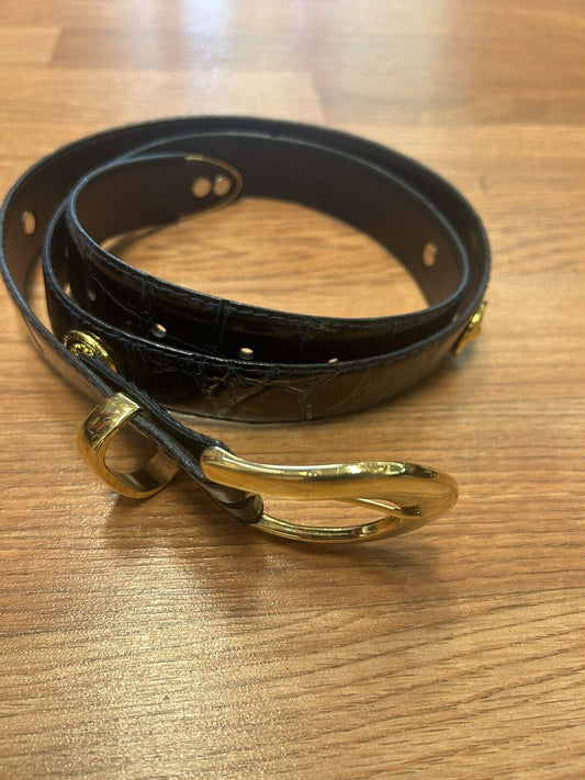 VINTAGE Medusa Belt  Blue Faux Leather Buckle Medallion Gold Roman Stud