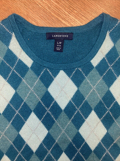 LANDS’ END Blue/Blue Argyle 100% Cashmere sweater Long Sleeve Large petite 