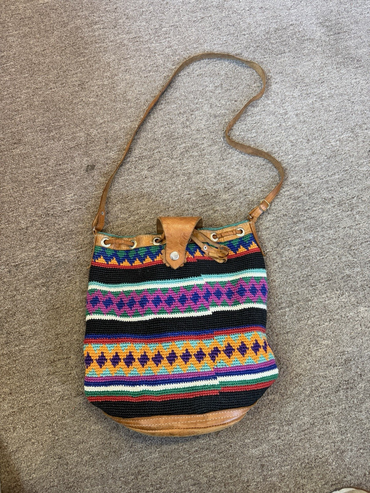 Multicolor Geometric Bucket Drawstring Bag Brown Genuine Leather