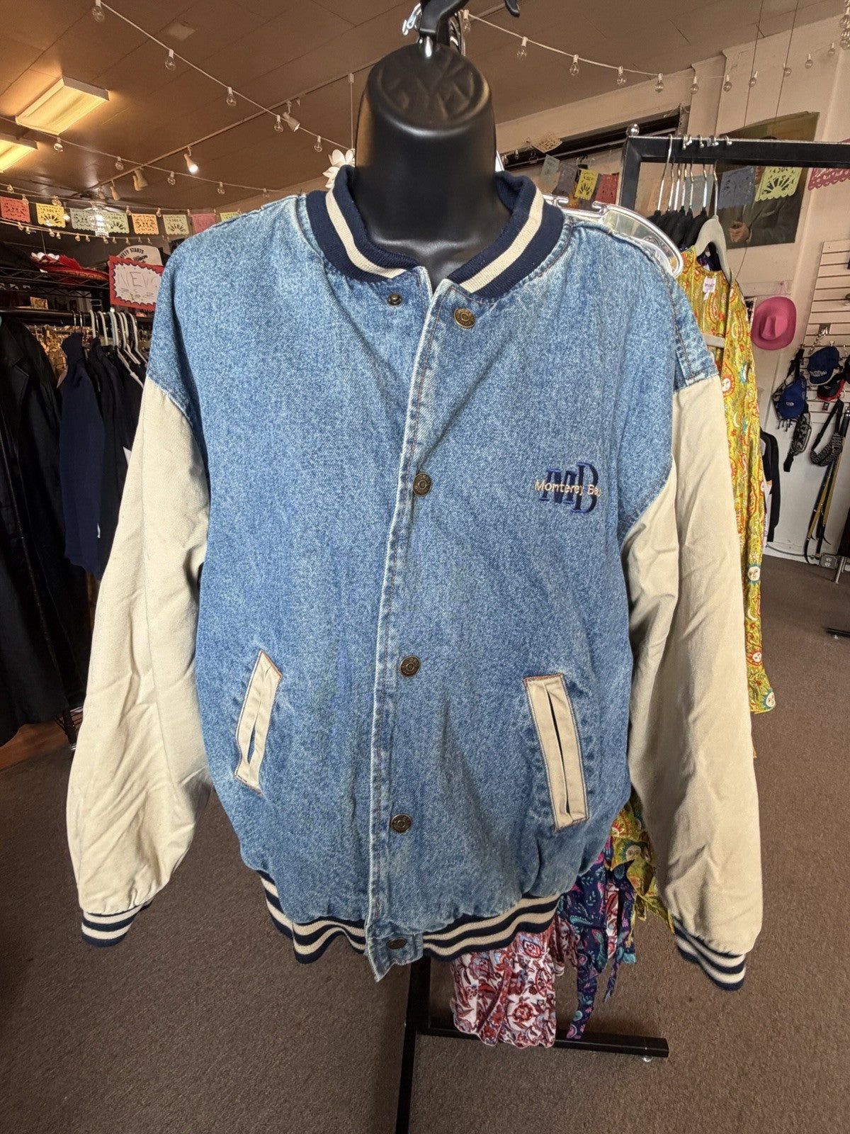 AS IS Vintage Monterey Bay Denim Varsity Jacket M Maytag Promo Bomber Two-Tone