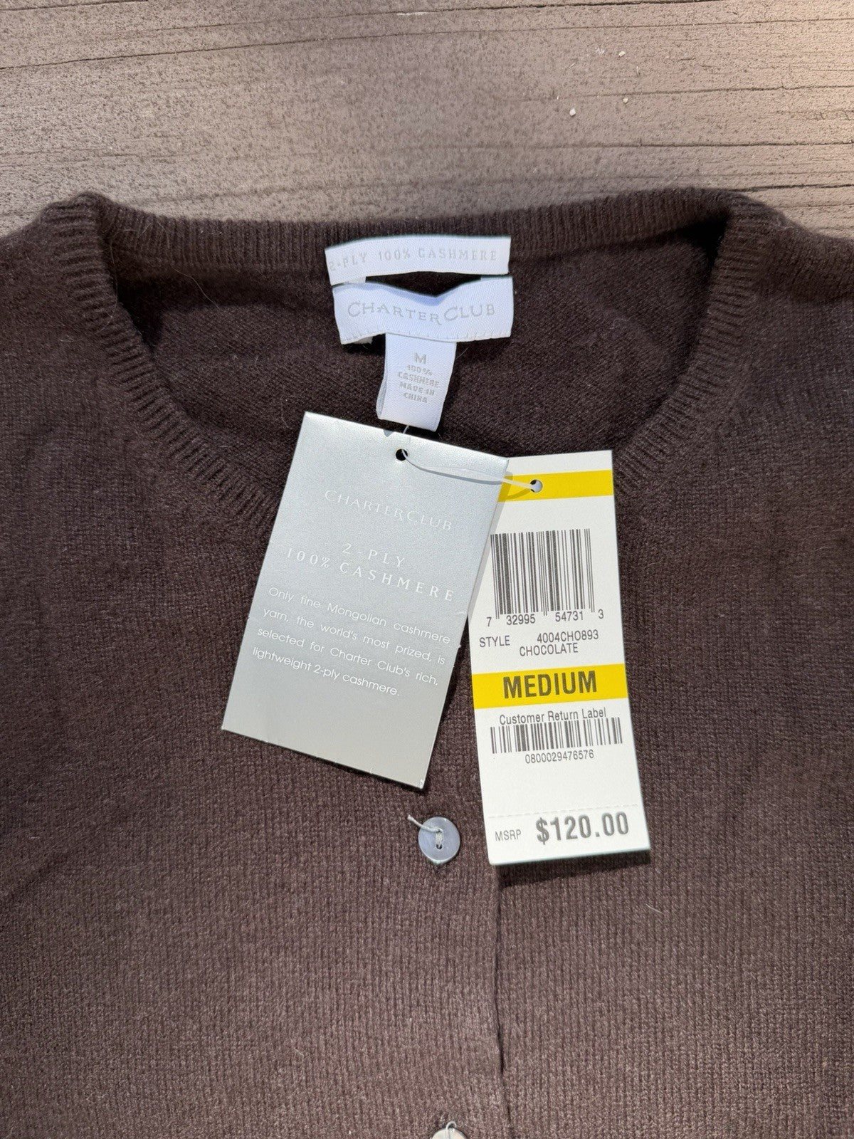 NWT Charter Club Women's 100% Cashmere Cardigan Brown Size Medium Button Down