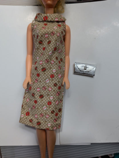 Vintage Pink Brown Polka Dot Sheath Dress Handmade For  Dolls Barbie W Purse 