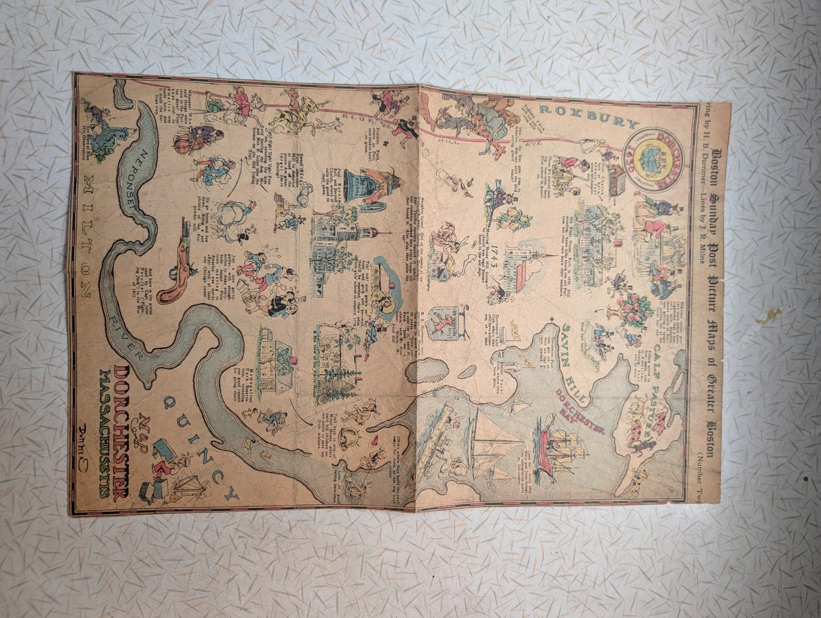Picture Map Of Greater Boston Sunday Post Dorchester 30s Illustration News Comic