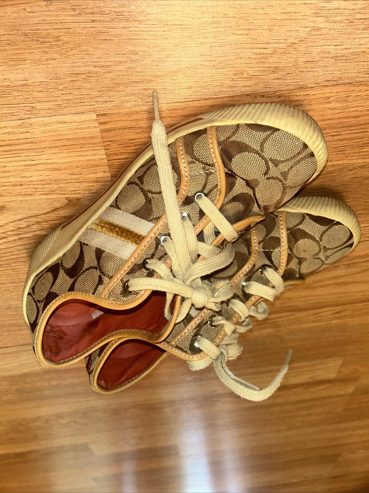Coach Womens Sneakers Size 7.5 Khaki Canvas Tan Gold Stripes Casual Folly