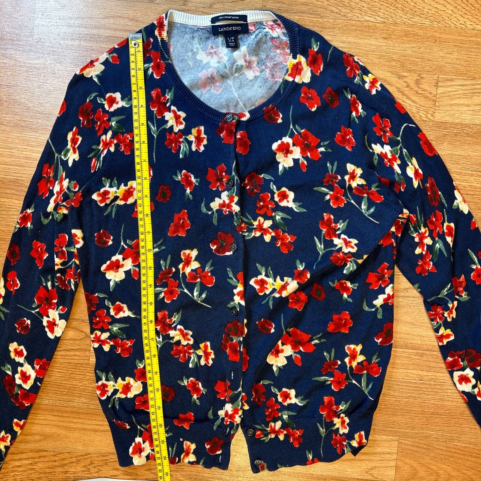 Lands End Cardigan Womens Large Petite Navy Red Floral Supima Sweater
