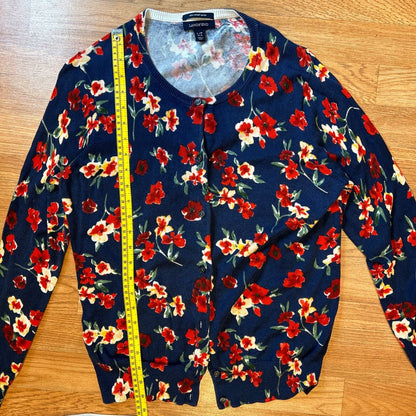 Lands End Cardigan Womens Large Petite Navy Red Floral Supima Sweater