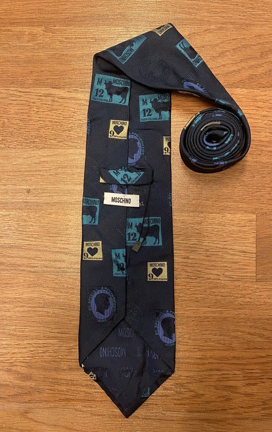 MOSCHINO Blue Multi Post Labels Print postage designer Tie ITALY MADE