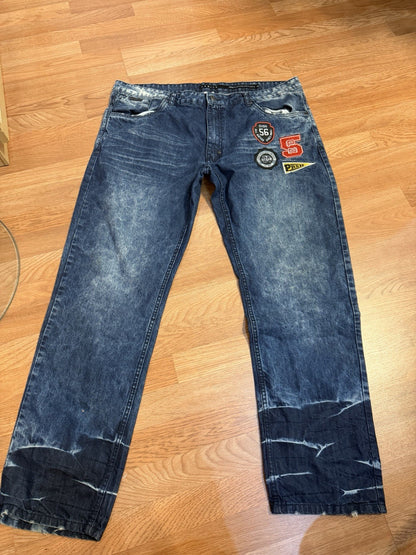 Parish Mens Jeans Distressed Blue Denim Accent Patches Stylish Streetwear Sz 42