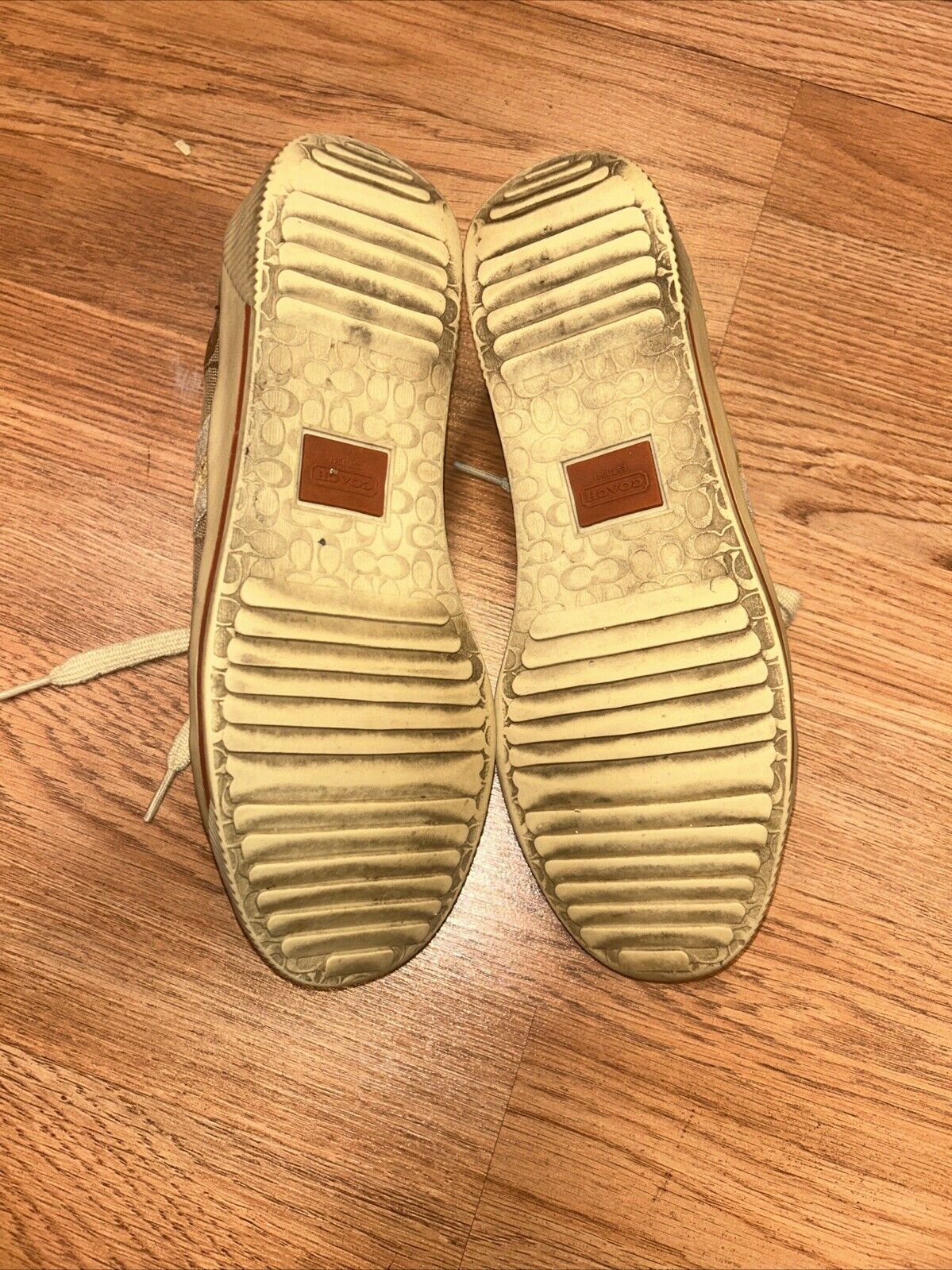 Coach Womens Sneakers Size 7.5 Khaki Canvas Tan Gold Stripes Casual Folly