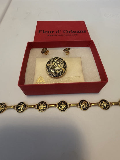 Vintage Fleur D’Orleans Damascene Jewlery Set