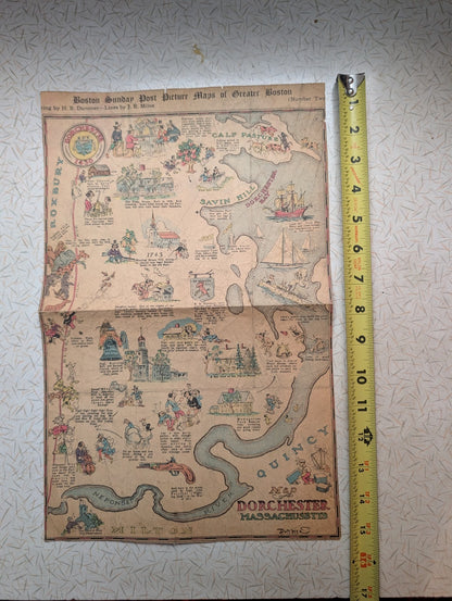 Picture Map Of Greater Boston Sunday Post Dorchester 30s Illustration News Comic