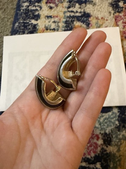 Vintage St. John Silver Toned Black Enamel Clip On Earrings