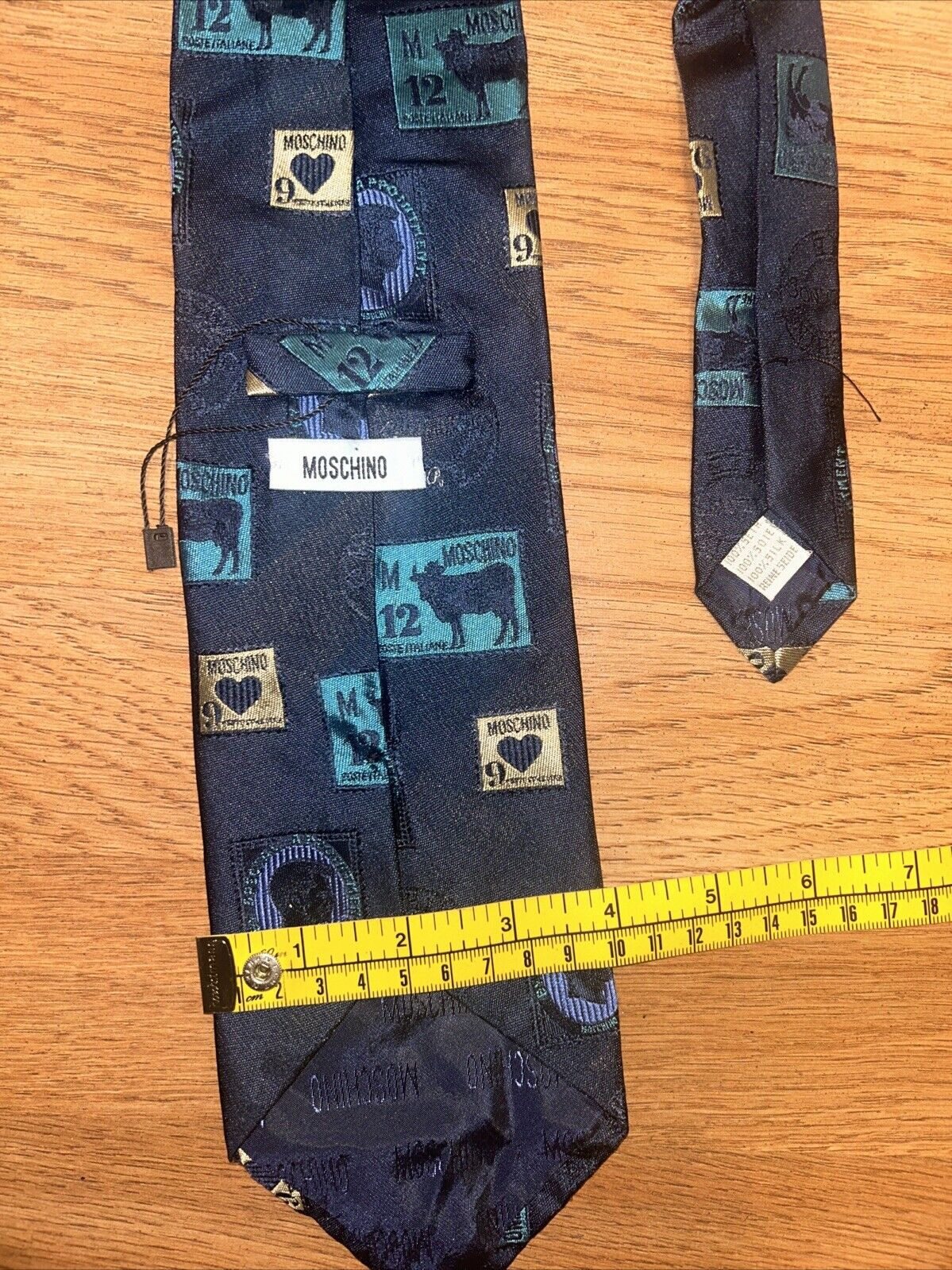 MOSCHINO Blue Multi Post Labels Print postage designer Tie ITALY MADE