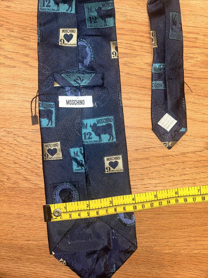 MOSCHINO Blue Multi Post Labels Print postage designer Tie ITALY MADE