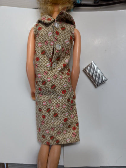 Vintage Pink Brown Polka Dot Sheath Dress Handmade For  Dolls Barbie W Purse 