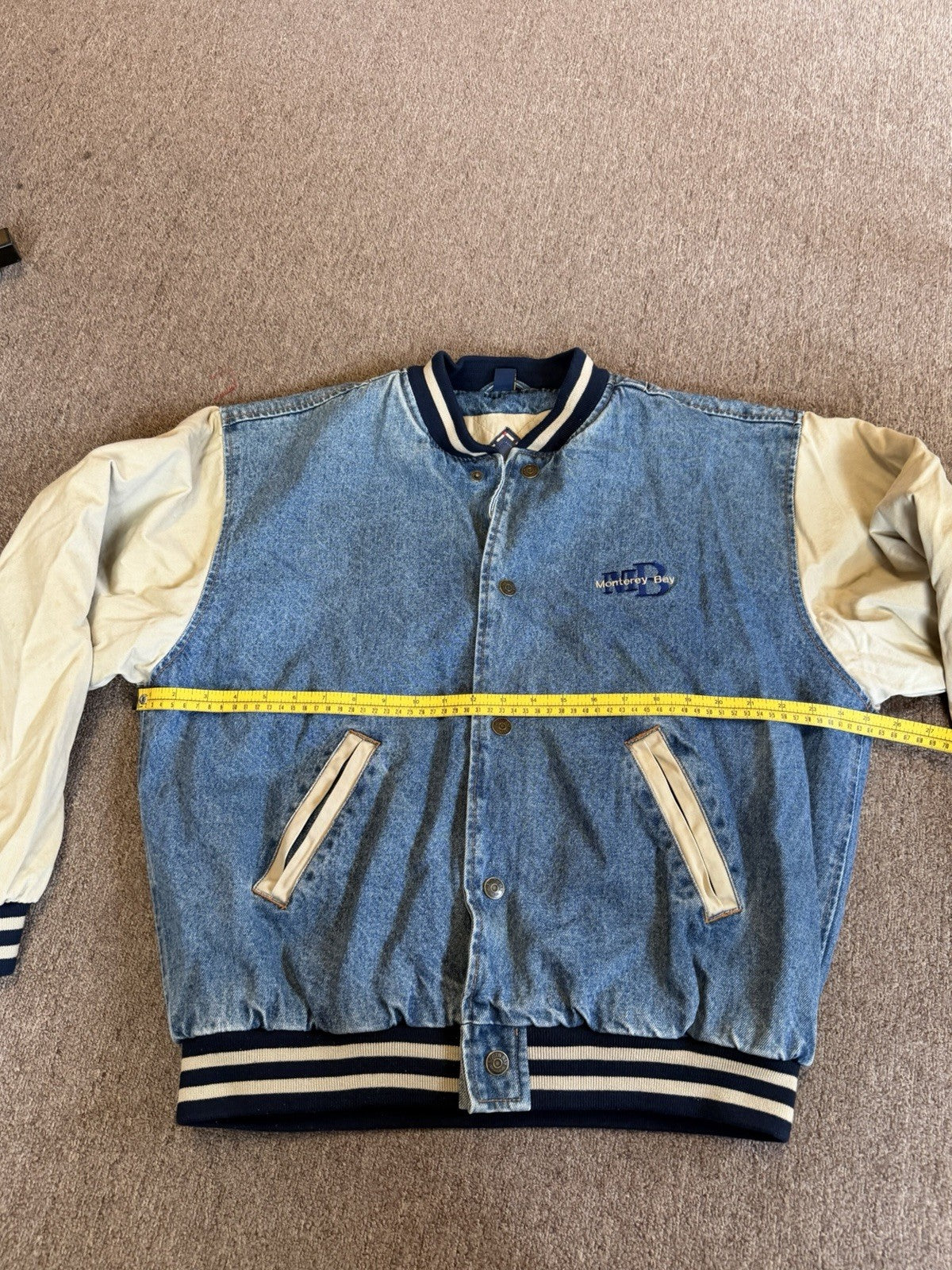 AS IS Vintage Monterey Bay Denim Varsity Jacket M Maytag Promo Bomber Two-Tone