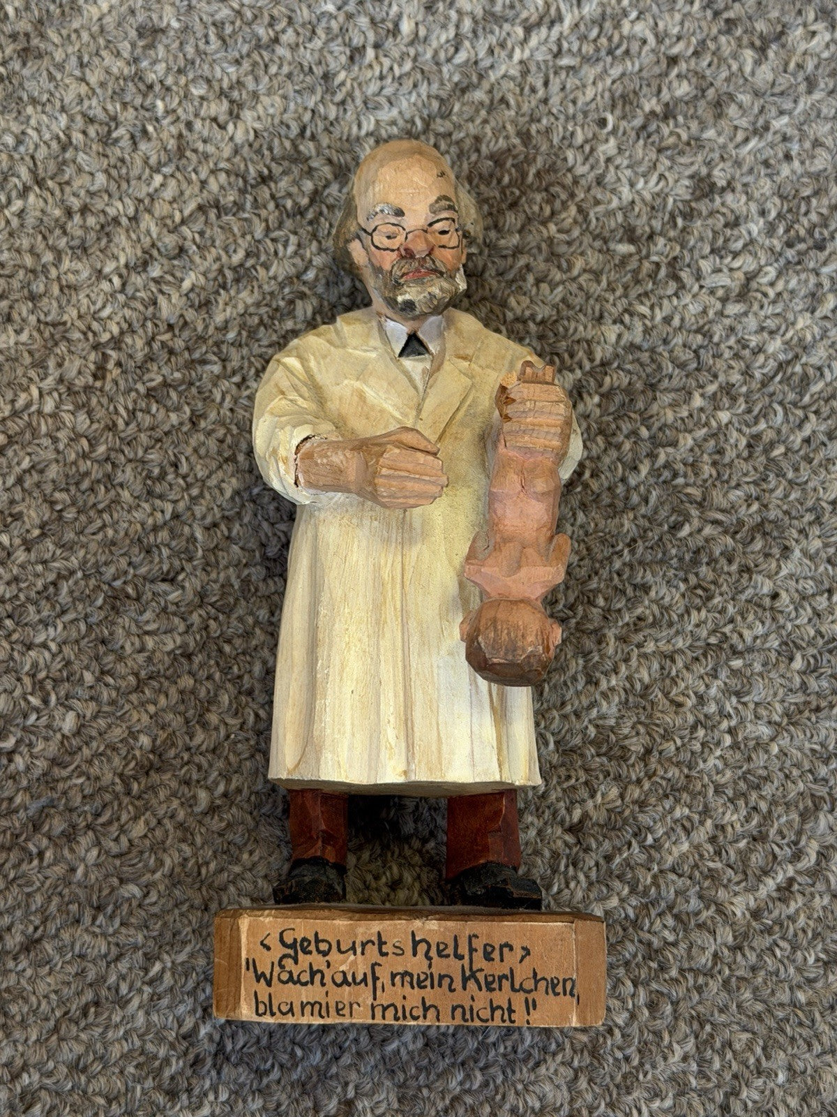 Hand Carved Wooden Obstetrician Doctor Holding Baby 5.4" Figurine German Vintage