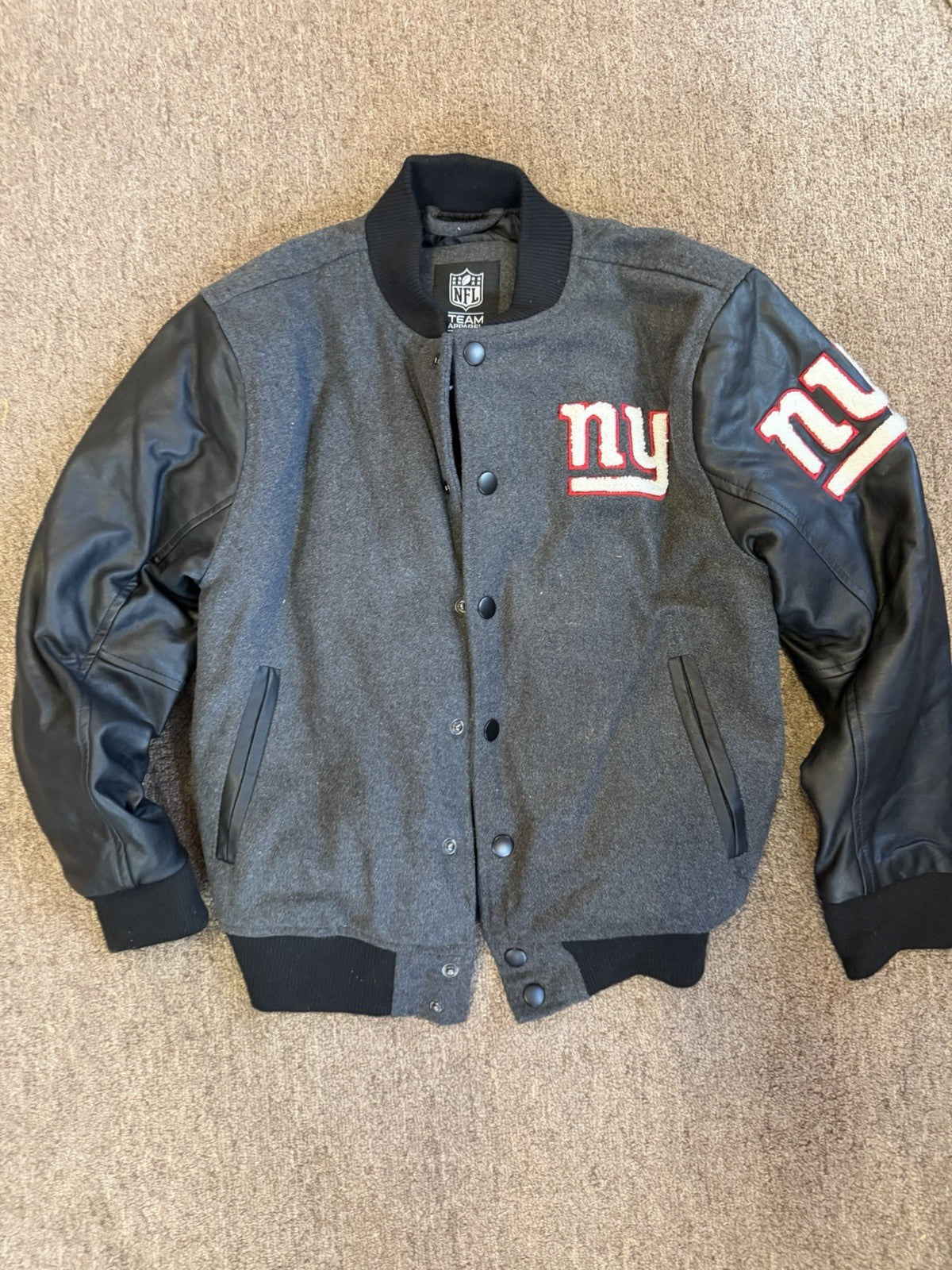 NFL G-III New York Giants Varsity Bomber Jacket Kid M Black Wool Athlete Sport
