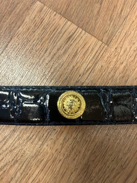 VINTAGE Medusa Belt  Blue Faux Leather Buckle Medallion Gold Roman Stud