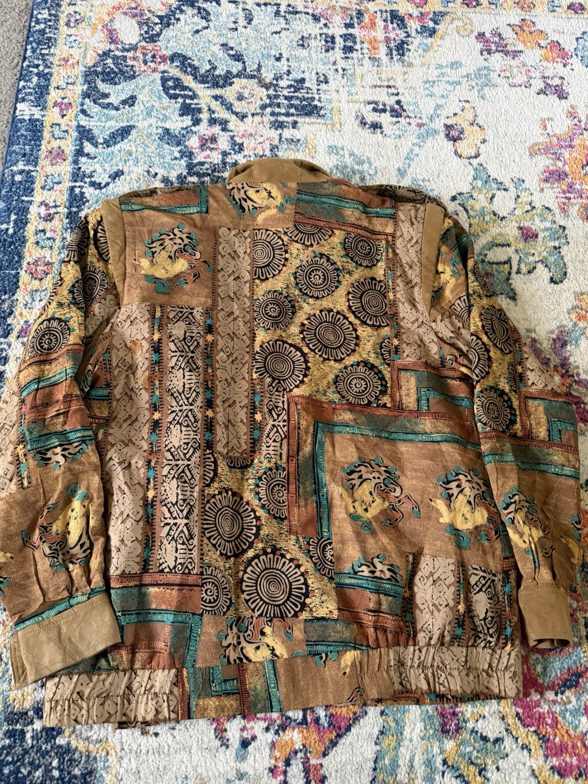 VTG 90s TOBRIA Abstract Tribal Art Jacket Sz 10 Rayon Earth Tone Geometric Boho