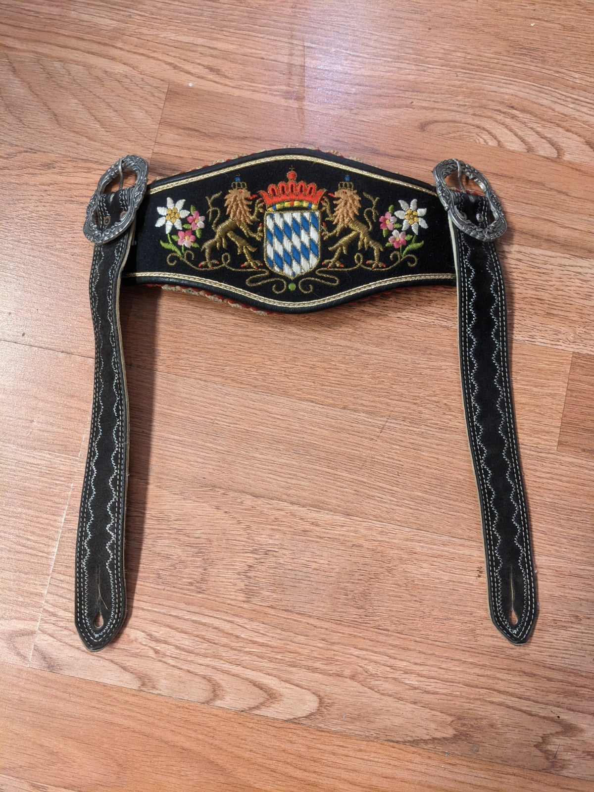 Vintage Leather Suspenders braces for Lederhosen Shorts Black w Buckles Crest 