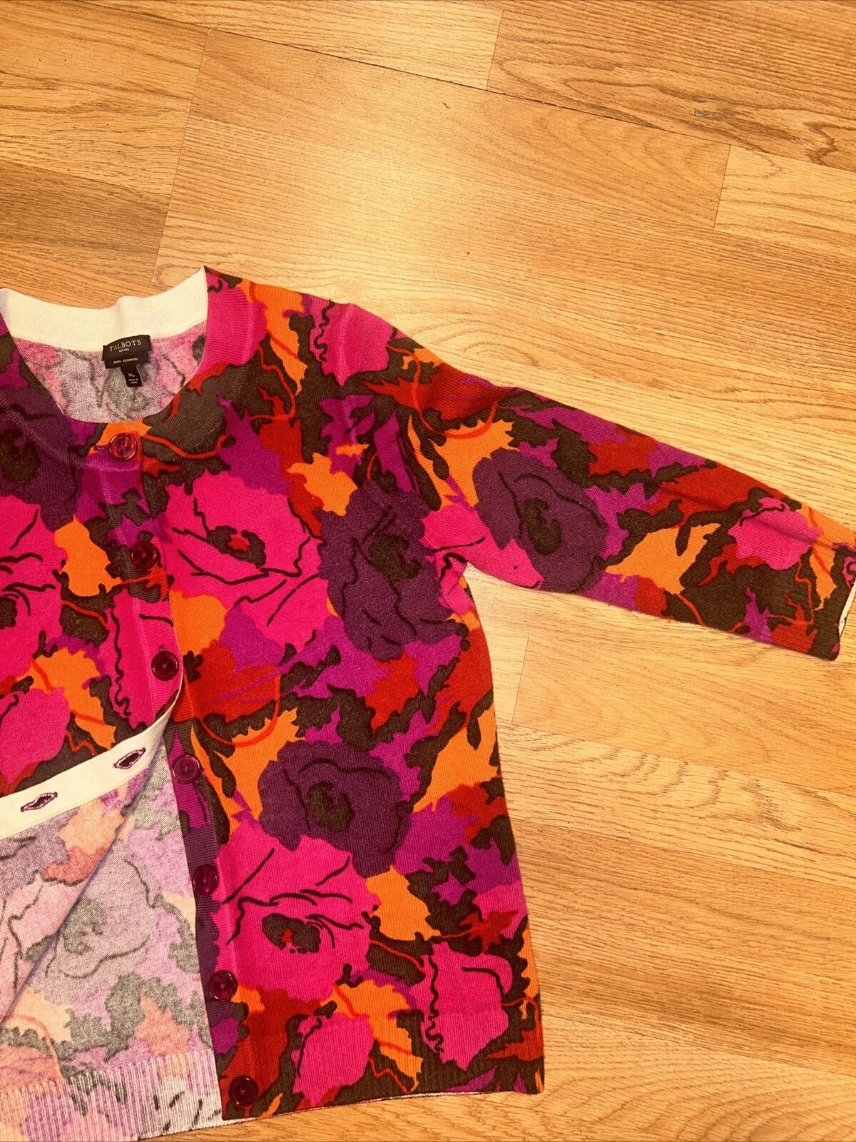 NWT Talbots Petite Cardigan 3/4 Sleeve 100% Cashmere Sweater Black Rose Floral