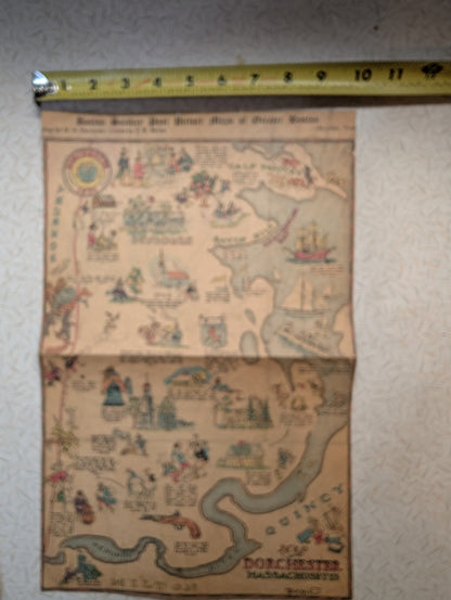 Picture Map Of Greater Boston Sunday Post Dorchester 30s Illustration News Comic
