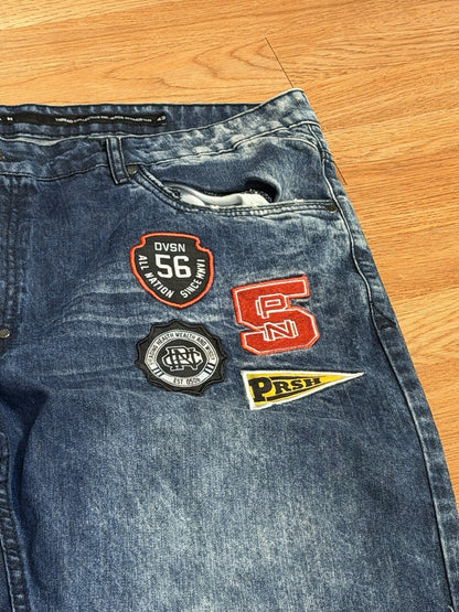 Parish Mens Jeans Distressed Blue Denim Accent Patches Stylish Streetwear Sz 42
