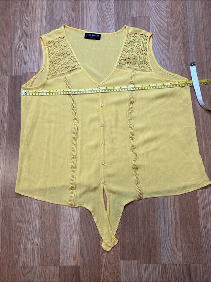 Lane Bryant Top Womens 18 Yellow Crinkle Crochet Button Front Sleeveless Tie 