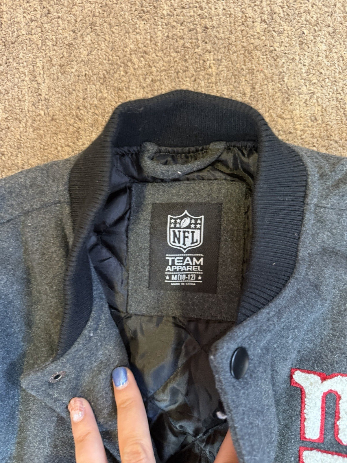 NFL G-III New York Giants Varsity Bomber Jacket Kid M Black Wool Athlete Sport