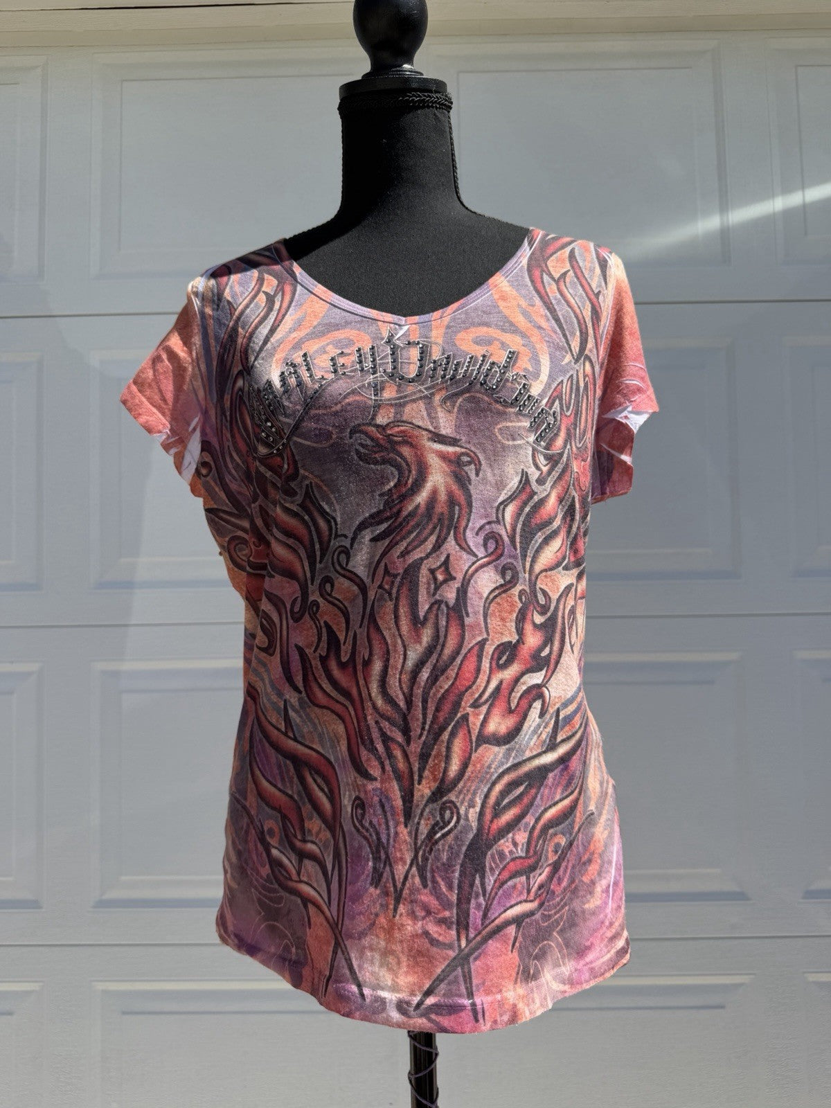 Womens Y2k Harley-Davidson T shirt Sz XL Phoenix Flames Stretch Fit Great Shape