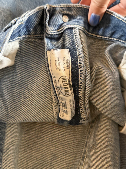 Vintage Red Cap Jeans Jeans Mens 38 Blue Straight 38x36 80's USA Made Wide Leg