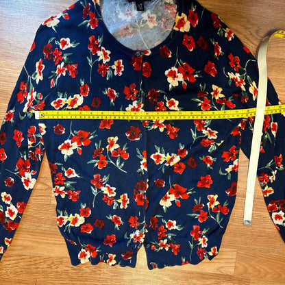 Lands End Cardigan Womens Large Petite Navy Red Floral Supima Sweater