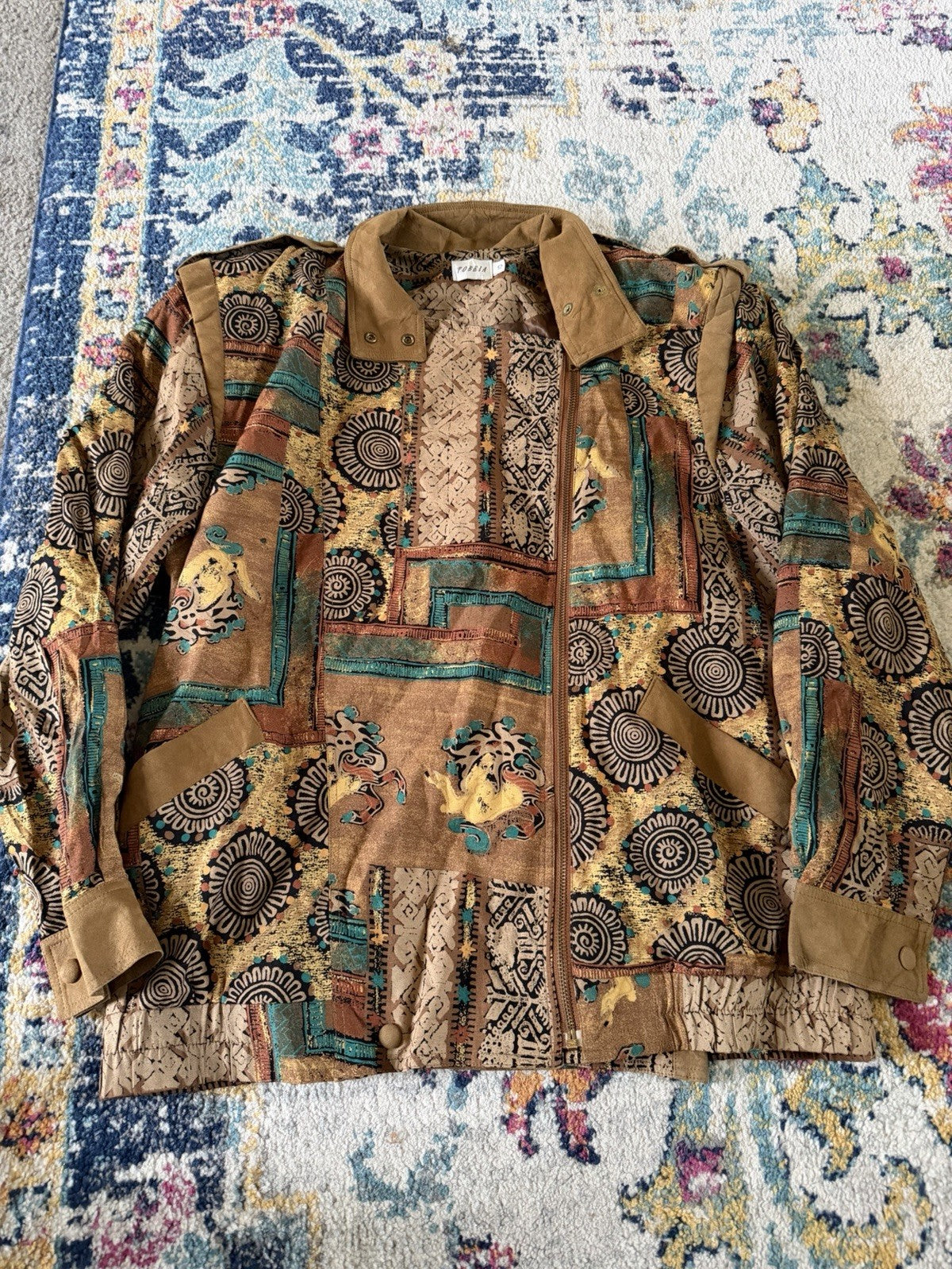 VTG 90s TOBRIA Abstract Tribal Art Jacket Sz 10 Rayon Earth Tone Geometric Boho