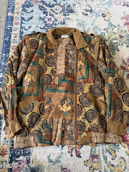 VTG 90s TOBRIA Abstract Tribal Art Jacket Sz 10 Rayon Earth Tone Geometric Boho