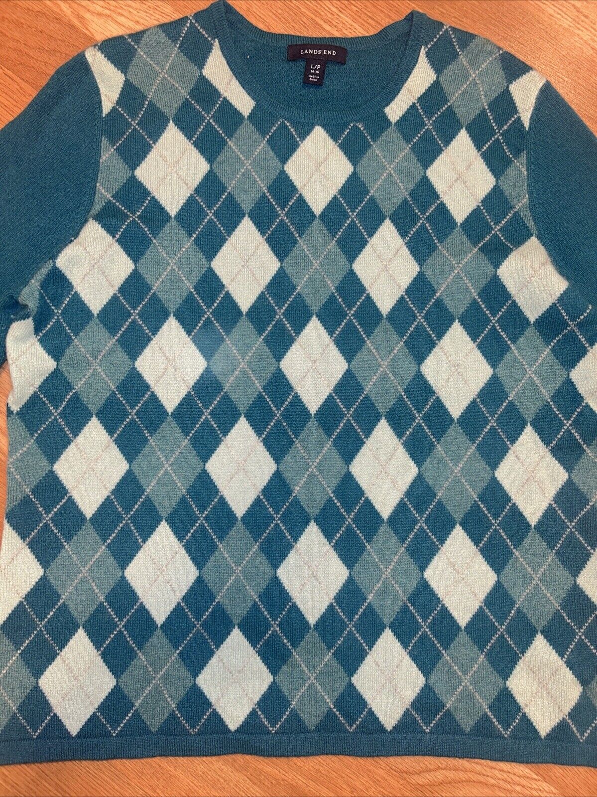 LANDS’ END Blue/Blue Argyle 100% Cashmere sweater Long Sleeve Large petite 