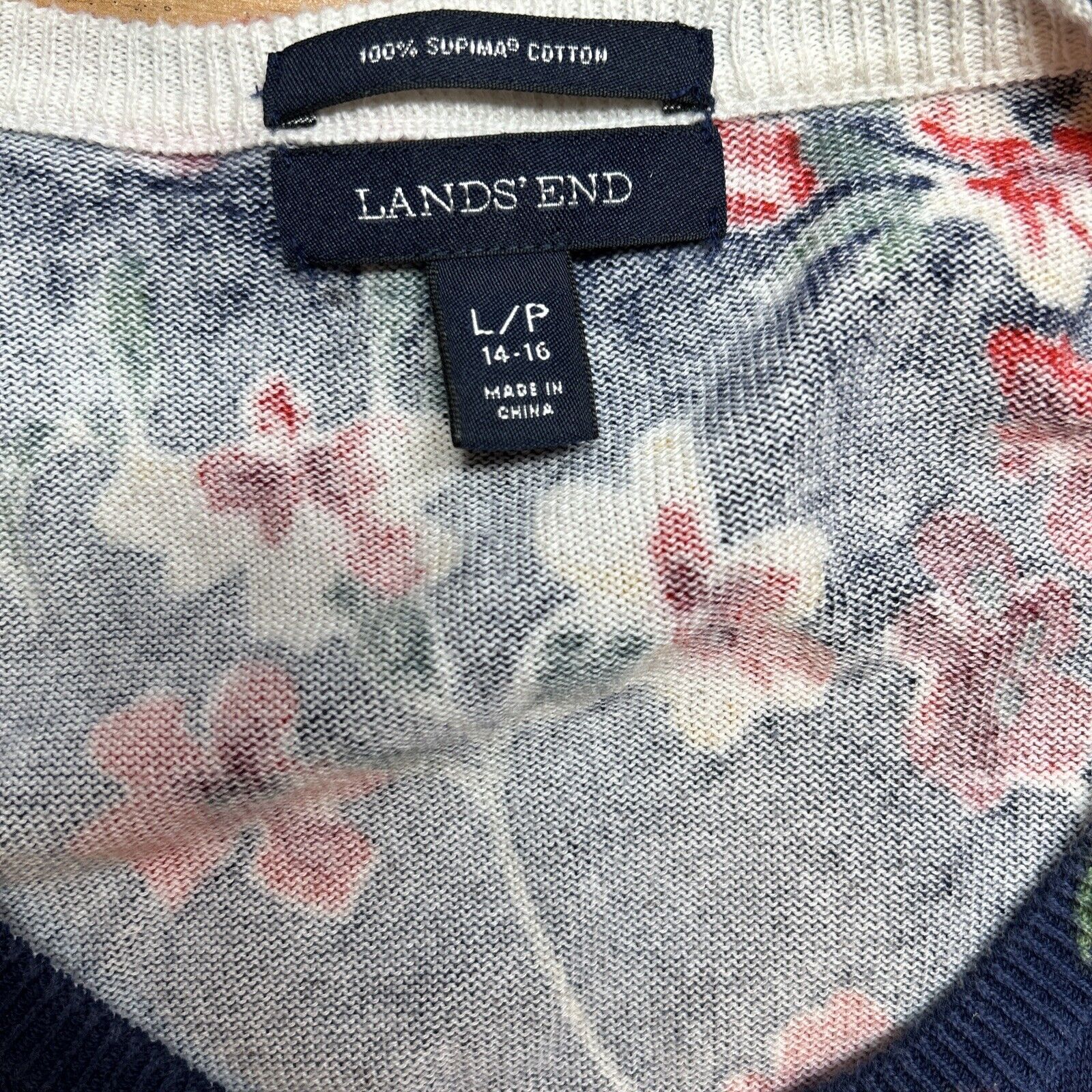Lands End Cardigan Womens Large Petite Navy Red Floral Supima Sweater