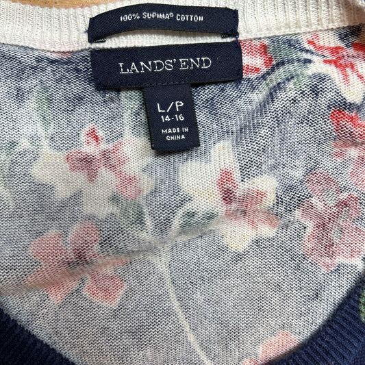 Lands End Cardigan Womens Large Petite Navy Red Floral Supima Sweater