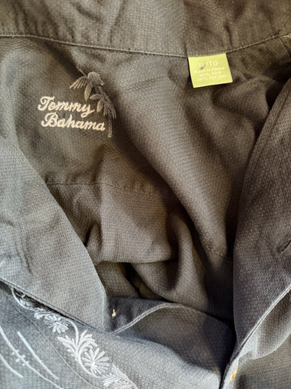 Tommy Bahama Shirt Mens Large Black Stitched 100% Silk Button-down XL