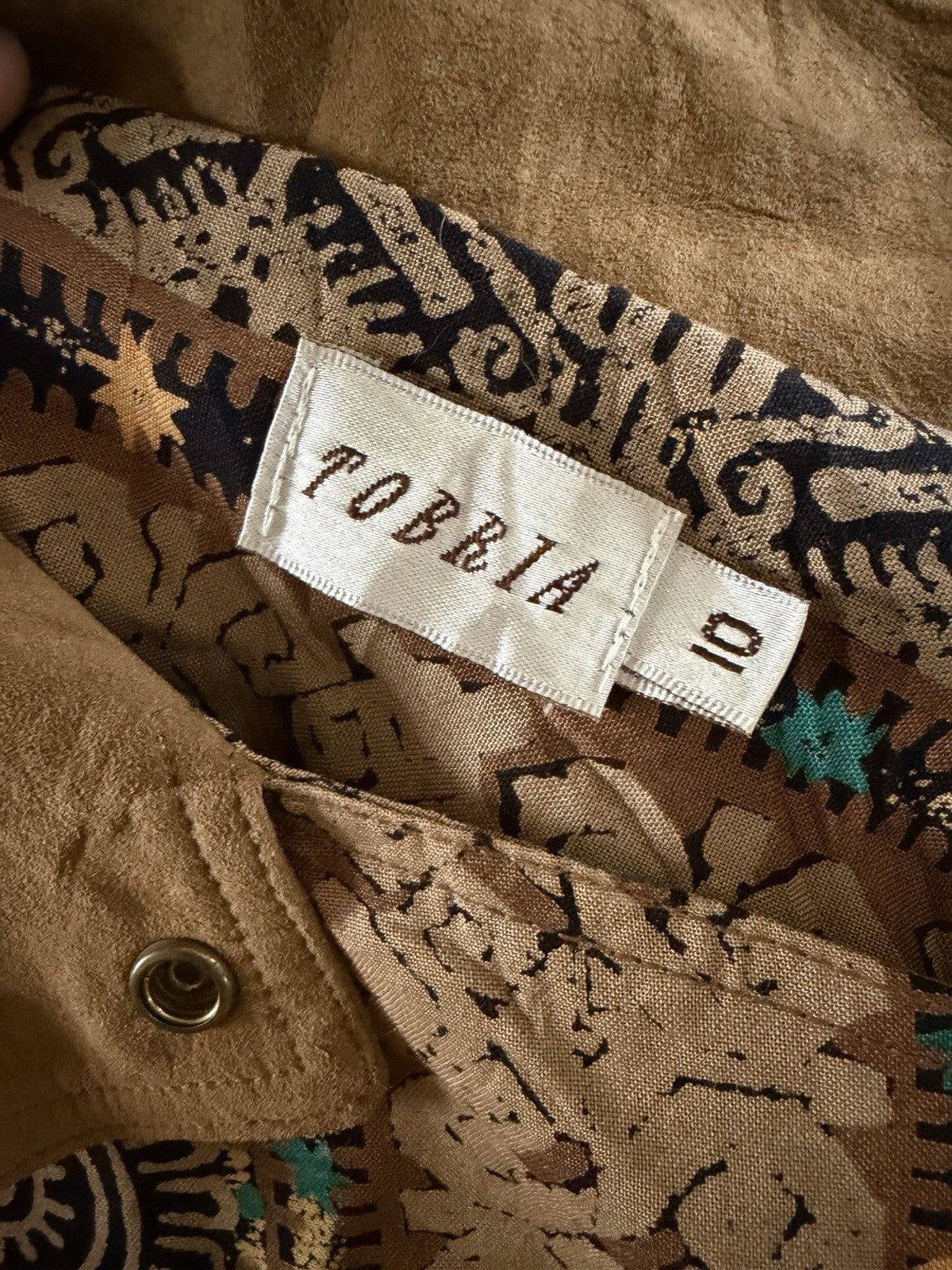 VTG 90s TOBRIA Abstract Tribal Art Jacket Sz 10 Rayon Earth Tone Geometric Boho