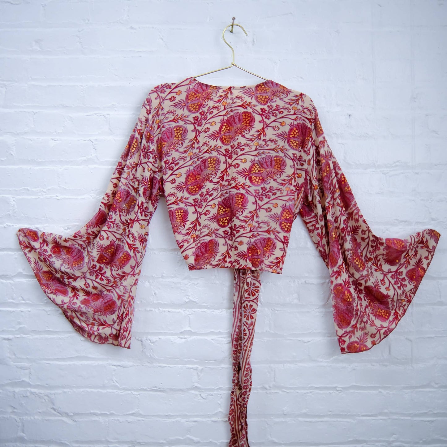 Floral Bohemian Hippie Style Bell Sleeve Wrap or Tie Top